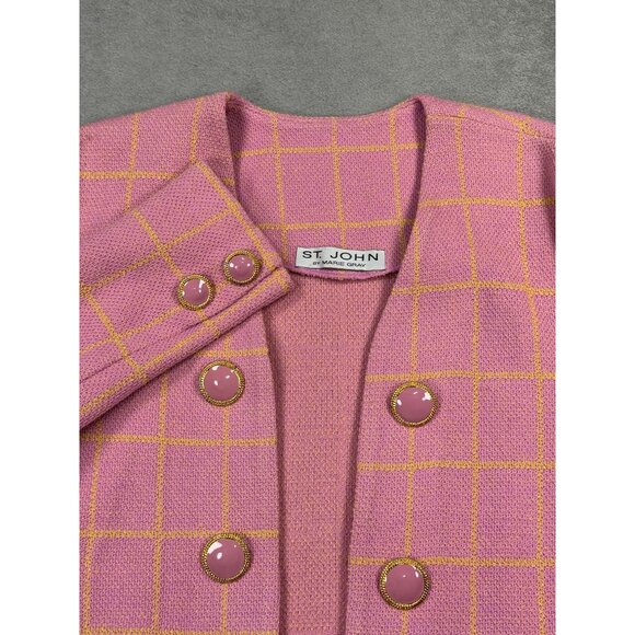 Vintage St John Santana Knit Skirt Suit Set Pink Windowpane Womens 8 USA Preppy - Picture 4 of 8